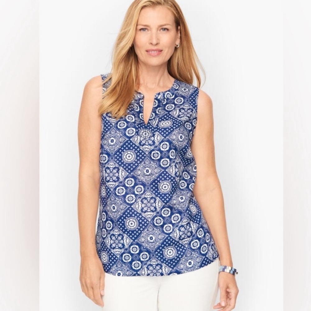 Talbots Linen Printed Tank Navy Petite